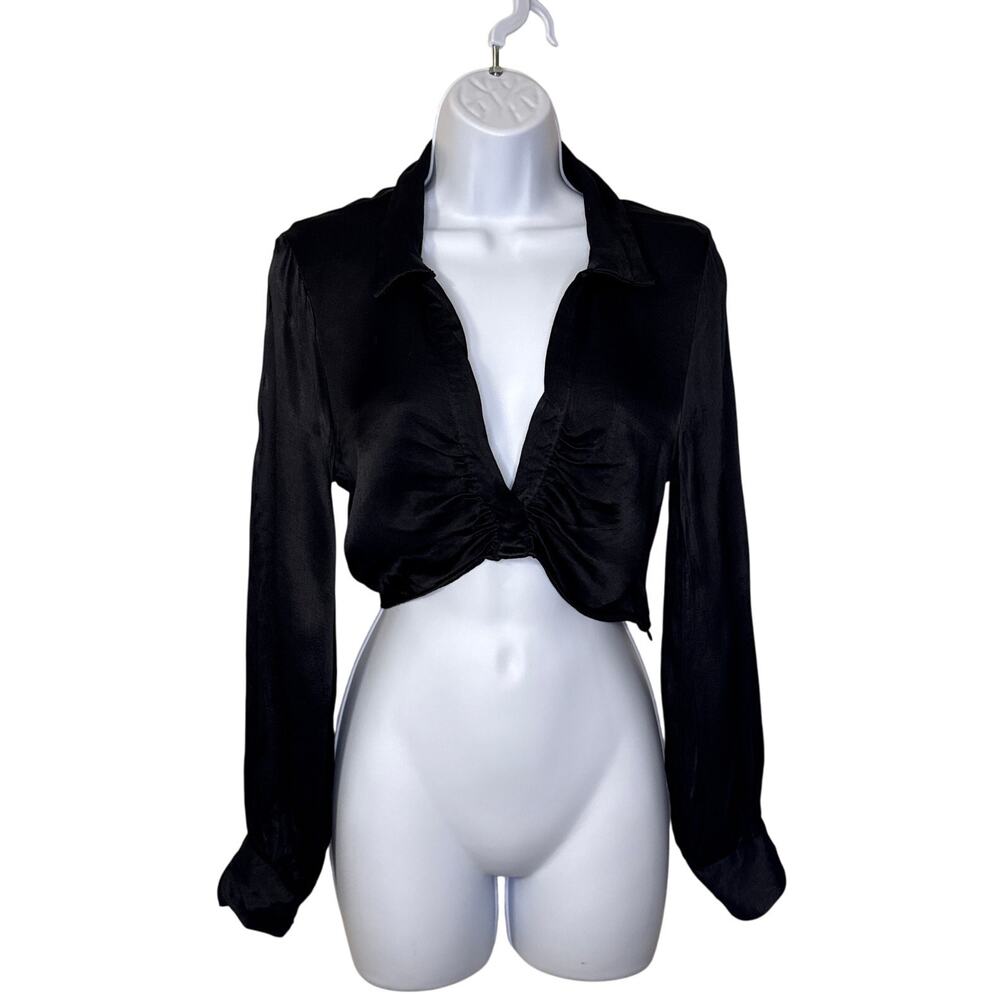 Zara Satin Lo Cut Long Sleeve Dressy Black Crop Medium
